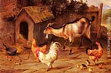 Fowl, Chicks And Goats By A Dog Kennel by Edgar Hunt